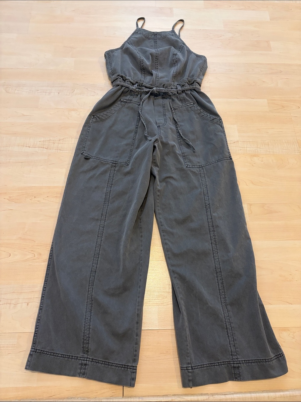 Free People Gray Wide Leg Jumpsuit Size Small Tie Waist Utility Romper